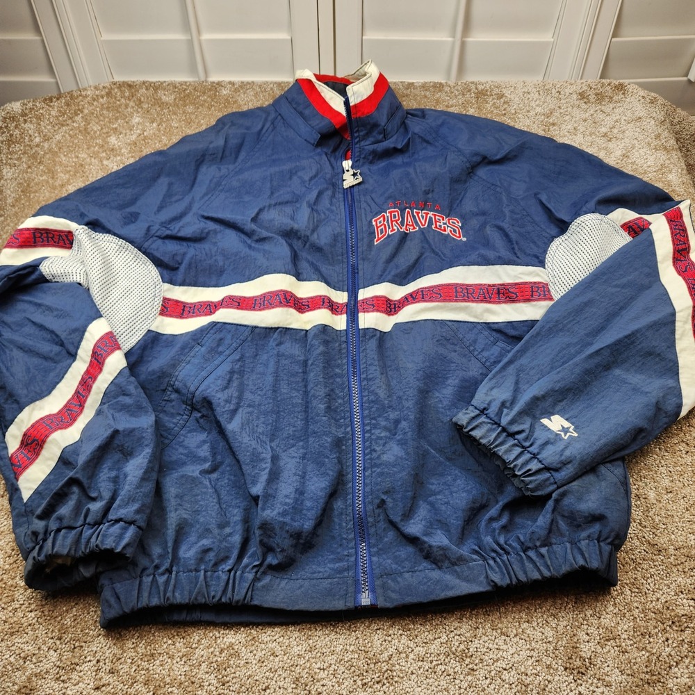 Vintage Starter Atlanta Braves MLB Windbreaker Jacket Navy Blue Mens Medium